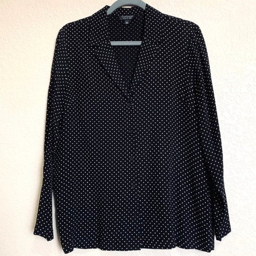 Topshop black top polka dot long sleeve button down blouse size 6